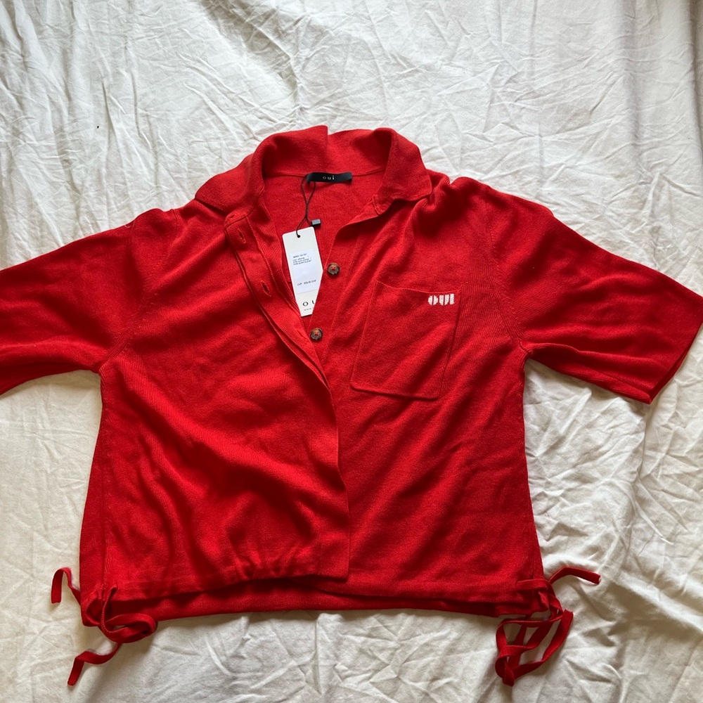 Oui Drawstring Hem Rib Knit Top, Red - Picture 3 of 6